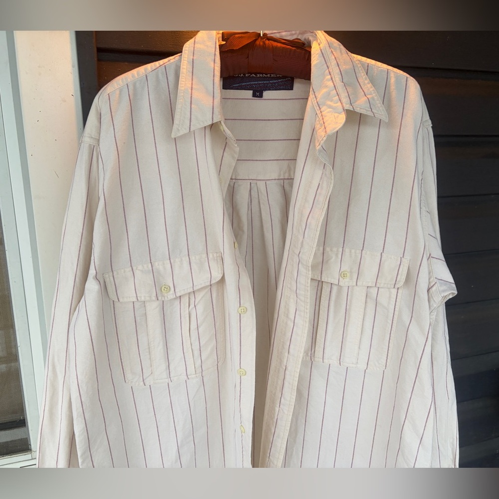 Vintage Button-Up Shirt in Cream with Red Stripes
